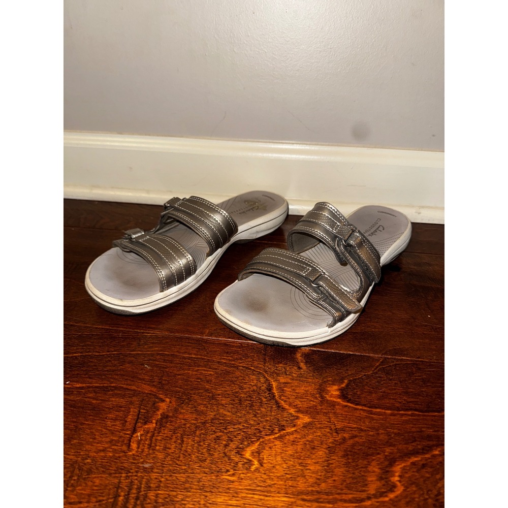Clarks Cloudsteppers Breeze Maye Adjustable Slide 7M Pewter Metallic